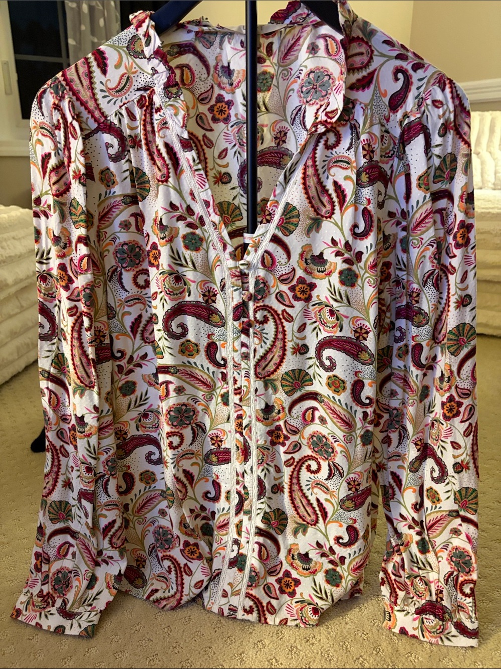 LOFT White Paisley Blouse with Red and Green Accents